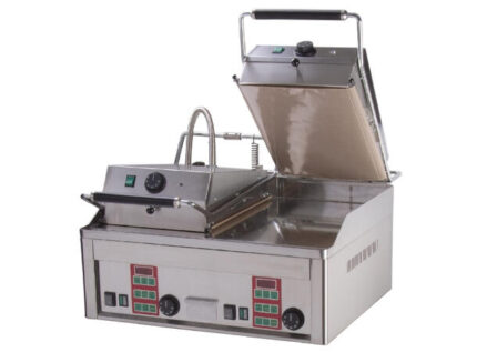 Pressgrill, bordmodell Rustfritt stål og teflon, 2 stekesoner