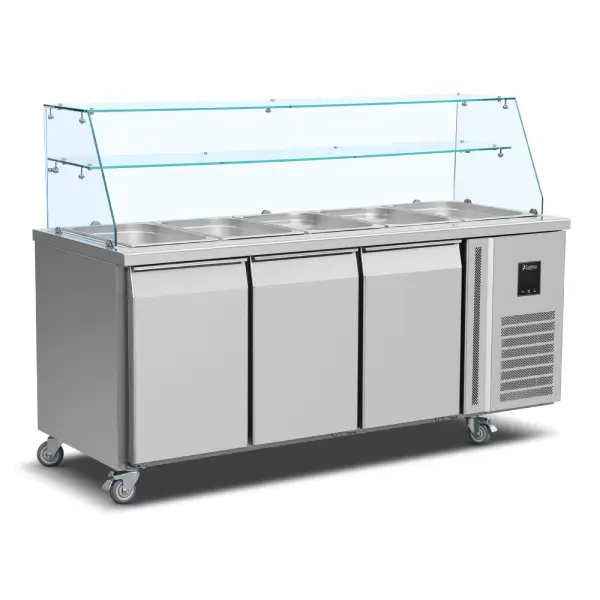 Saladette med 3 dør glasstopp og låsbarhjul