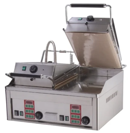 Pressgrill, bordmodell Rustfritt stål og teflon, 2 stekesoner.